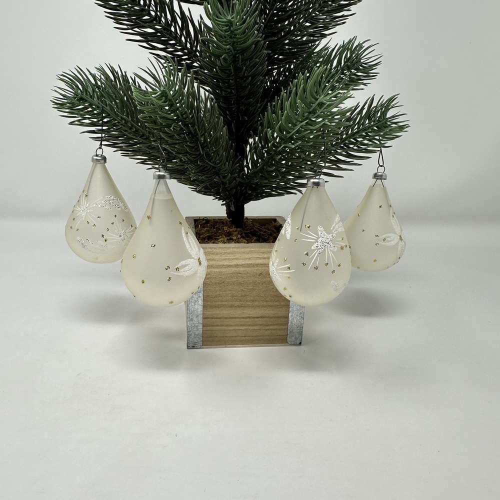 Vintage Glass Christmas Teardrop Ornaments Glitter Star Flower Set 4 Holiday Dec